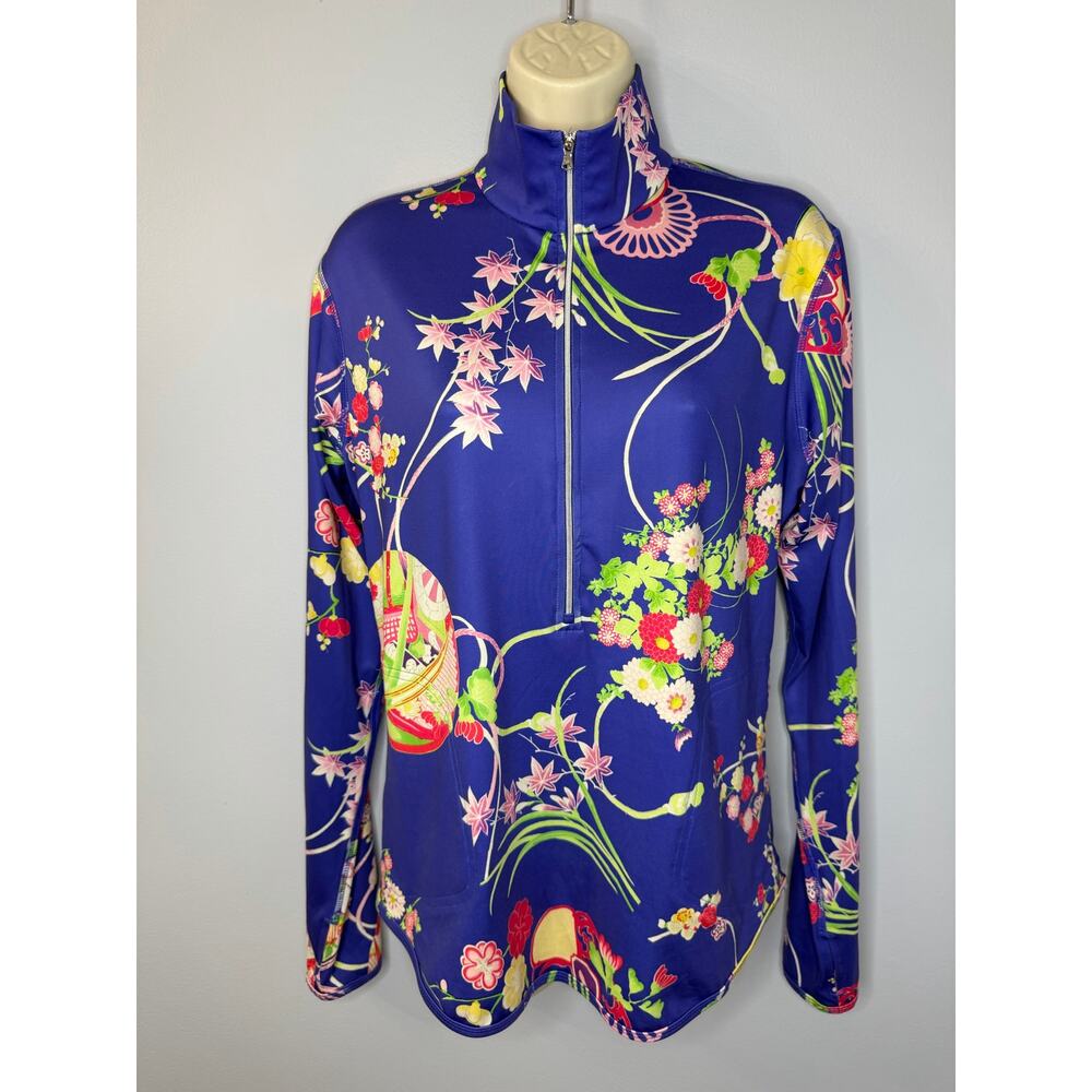 Ralph Lauren Golf Performance Blue Asian Floral Print Quarter Zip Shirt Womens L